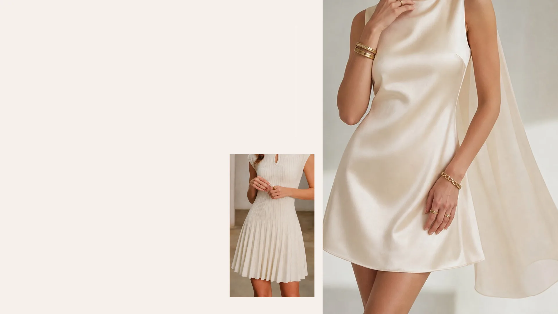 A cropped light-colored mini dress alongside a pleated dress. Aline Vermont editorial composition.